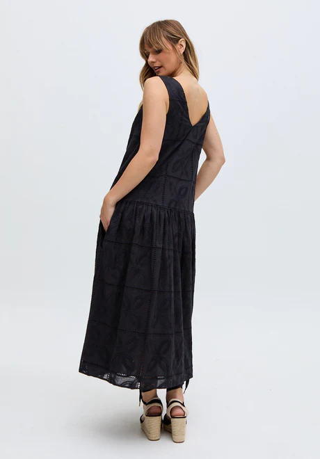 Black Full Cut Drop Waist Midi Dress
