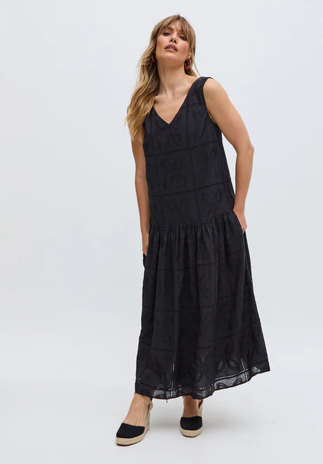Black Full Cut Drop Waist Midi Dress