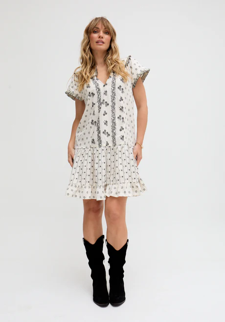 Cream Slit Neck Jacquard Mini Dress