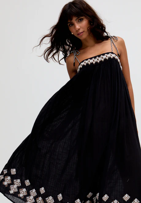 Black Spaghetti Strap Embroidered Midi Dress