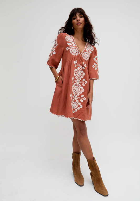 Brown V-Neck Embroidered Mini Dress