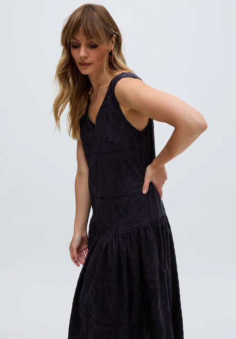 Black Full Cut Drop Waist Midi Dress