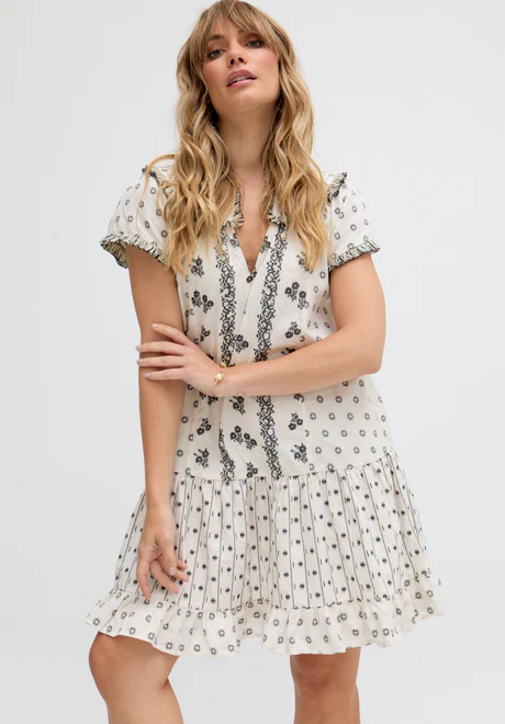 Cream Slit Neck Jacquard Mini Dress