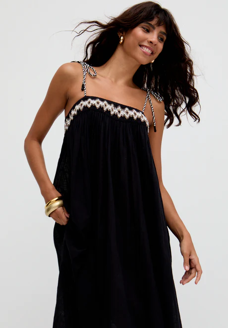 Black Spaghetti Strap Embroidered Midi Dress