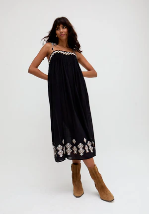 Black Spaghetti Strap Embroidered Midi Dress