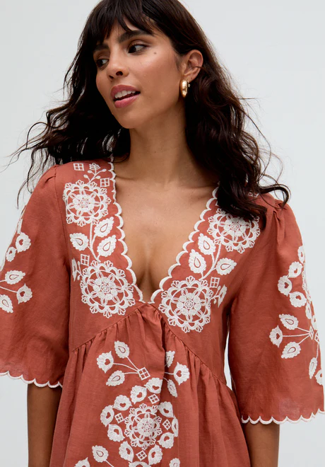 Brown V-Neck Embroidered Mini Dress